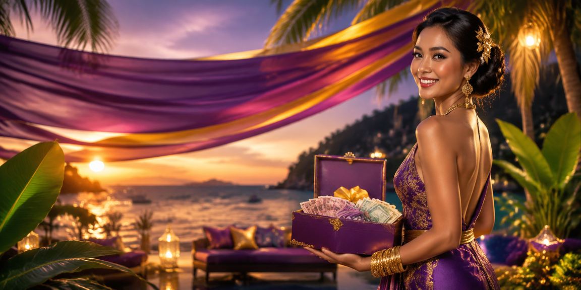 Suasana pantai cerah dengan promosi cashback olahraga musiman